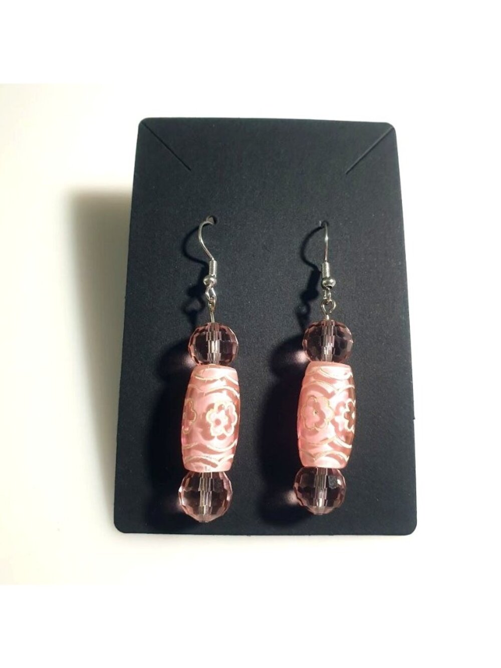 Pink Bead Dangle Earrings Floral Barrel Design Hook Lightweight Handmade Gift